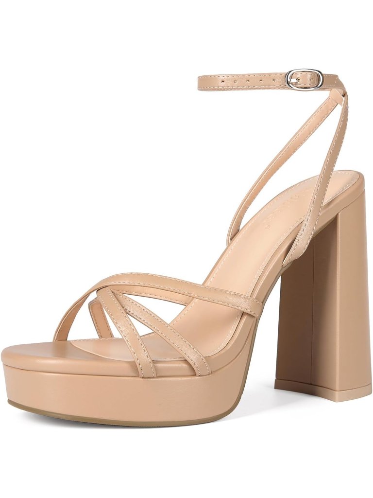 Women's Nude Open Toe Ankle Strappy Block Chunky High Heels Shoes For Wedding